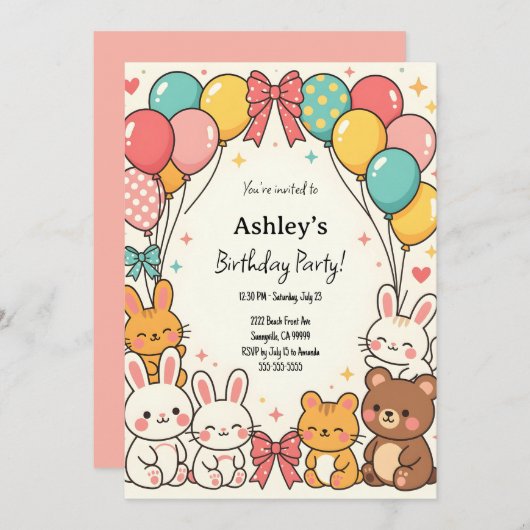 Invitation Fête d'anniversaire de Kawaii Kid's Cute (Devant / Derrière)
