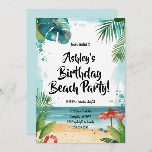 Invitation Fête d'anniversaire de Kids Beach (Devant / Derrière)