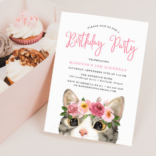 Invitation Fête d'anniversaire de Kitty à l'aquarelle douce