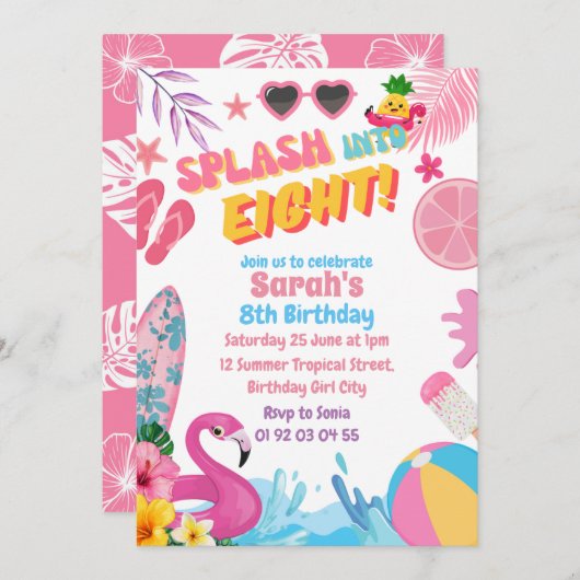 Invitation Fête d'anniversaire de la 8ème piscine rétro en hu (Devant / Derrière)