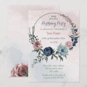 Invitation fête d'anniversaire de la belle robe bleu fleurie (Devant / Derrière)