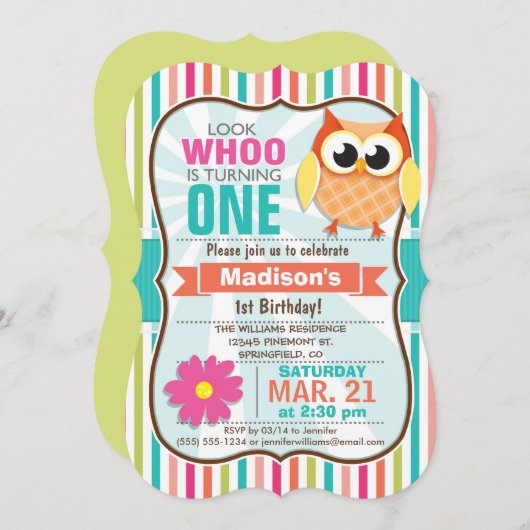 Invitation Fête d'anniversaire de la Chouette aux rayures col (Devant / Derrière)