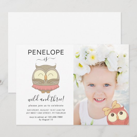 Invitation Fête d'anniversaire de la Chouette sauvage et troi (Devant / Derrière)