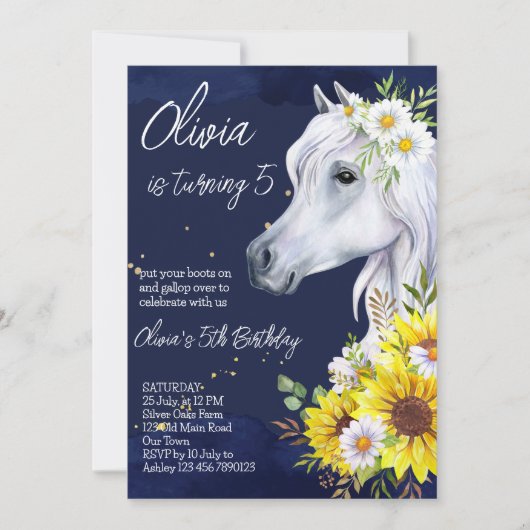 Invitation Fête d'anniversaire de la cofille de cheval blanc (Devant)