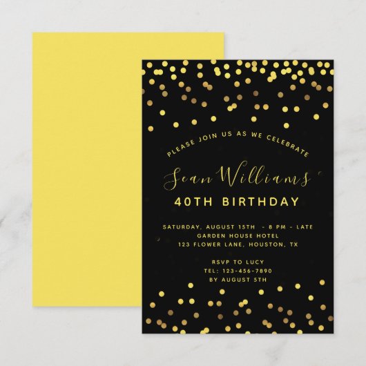 Invitation Fête d'anniversaire de la Confetti d'or de l'homme (Devant / Derrière)