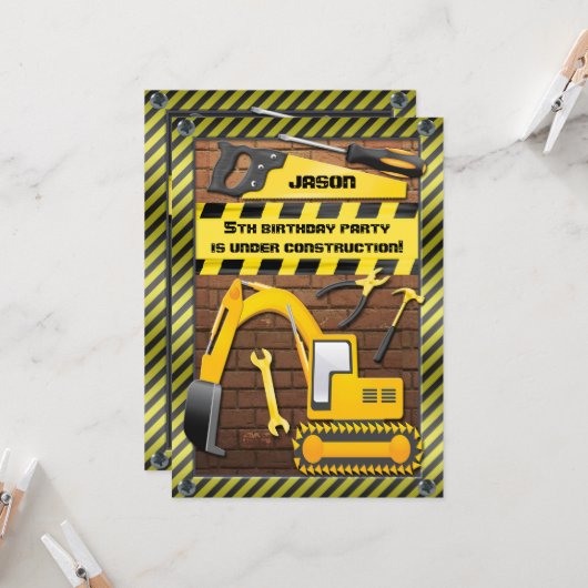 Invitation Fête d'anniversaire de la construction de l'enfant (Devant/Arrière en situation)