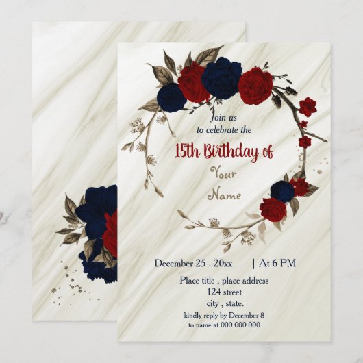 Invitation fête d'anniversaire de la couronne florale bleu et (Devant / Derrière)