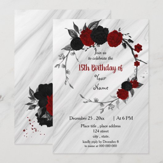 Invitation Fête d'anniversaire de la couronne florale noire e (Devant / Derrière)