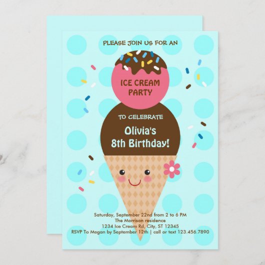 Invitation Fête d'anniversaire de la Crème de glace Cone (Devant / Derrière)