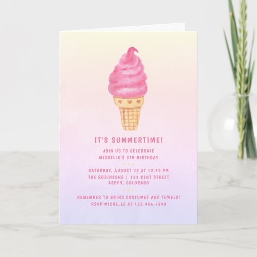 Invitation Fête d'anniversaire de la Crème de glace rose (Devant)