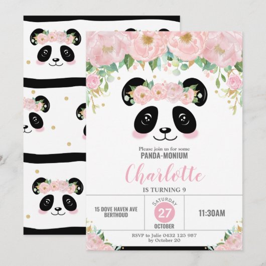 Invitation Fête d'anniversaire de la Cute Panda Florale Rose (Devant / Derrière)