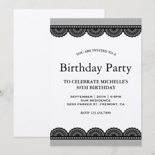 Invitation Fête d'anniversaire de la dentelle de pays noir Ru (Devant / Derrière)