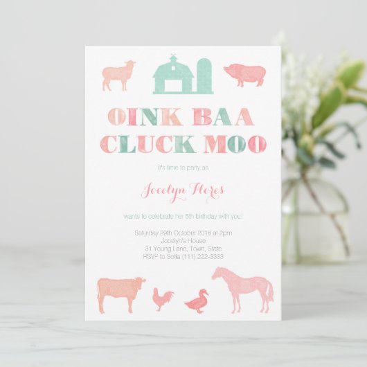 Invitation fête d'anniversaire de la ferme pour fille, oink b (Debout devant)