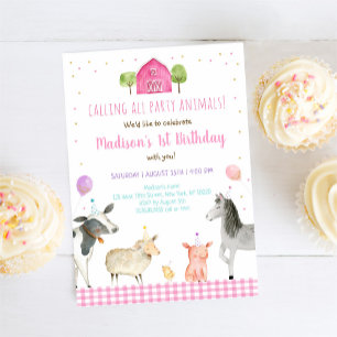 Invitation Fête d'anniversaire de la ferme rose Animal