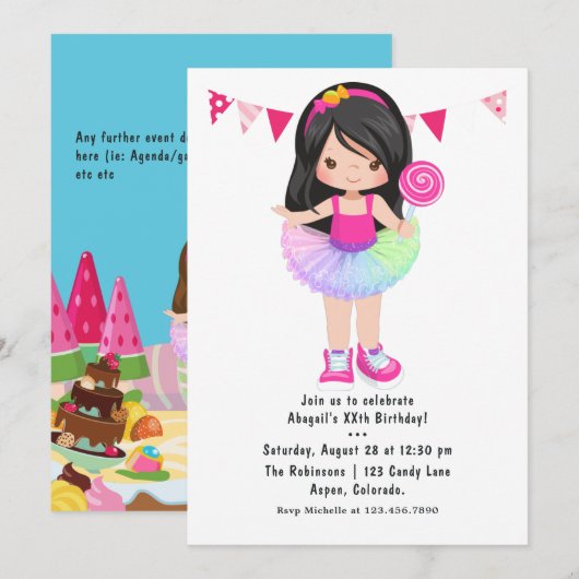 Invitation Fête d'anniversaire de la fille au tutu de Candy L (Devant / Derrière)