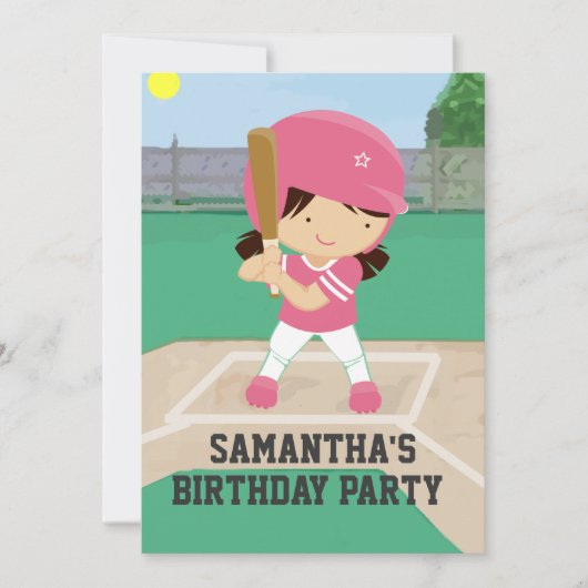 Invitation Fête d'anniversaire de la fille de baseball rose m (Devant)