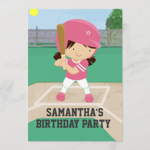 Invitation Fête d'anniversaire de la fille de baseball rose m