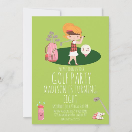 Invitation Fête d'Anniversaire de la fille de golf mignonne (Devant)