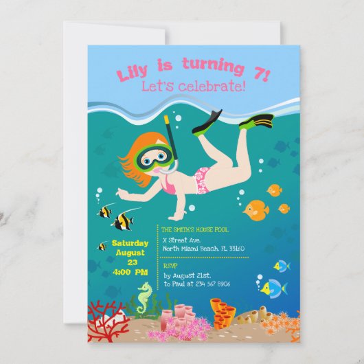 Invitation Fête d'anniversaire de la fille de snorkeling avec (Devant)