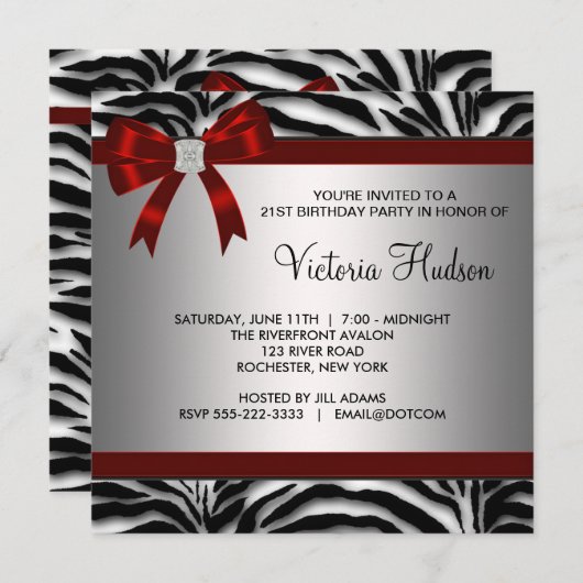 Invitation Fête d'anniversaire de la fille du zèbre rouge fem (Devant / Derrière)