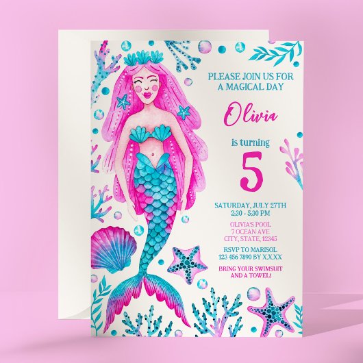 Invitation Fête d'anniversaire de la fille Mermaid rose et tu