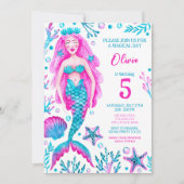 Invitation Fête d'anniversaire de la fille Mermaid rose et tu (Devant)