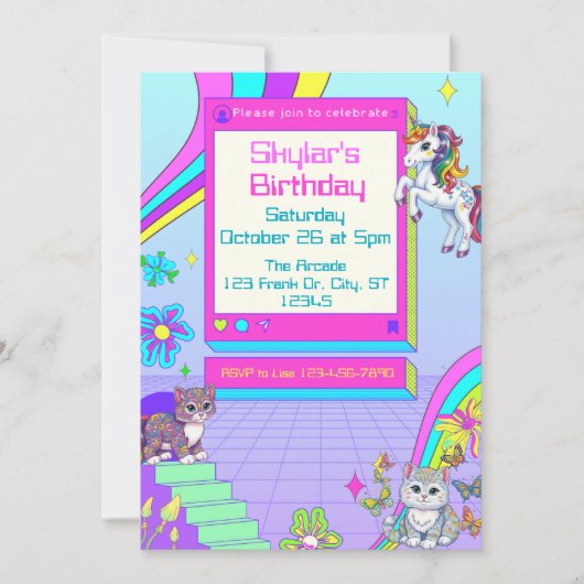 Invitation Fête d'anniversaire de la fille Neon Gamer avec an (Devant)