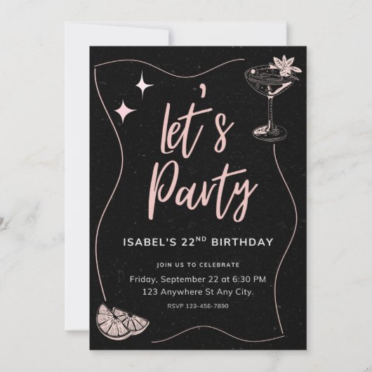 Invitation Fête d'anniversaire de la fille noire et rose (Devant)