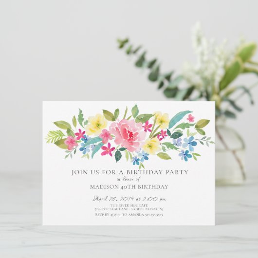 Invitation Fête d'anniversaire de la floraison d'aquarelle jo (Debout devant)