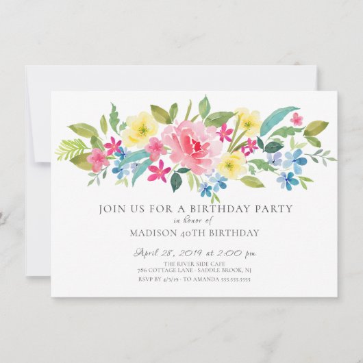Invitation Fête d'anniversaire de la floraison d'aquarelle jo (Devant)
