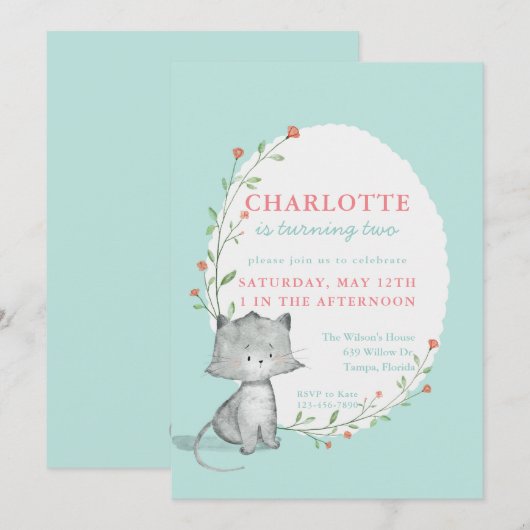 Invitation Fête d'anniversaire de la floraison Turquoise de K (Devant / Derrière)