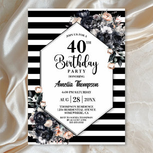 Invitation Fête d'anniversaire de la florale noire moderne ra