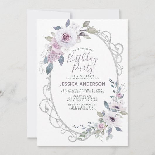 Invitation Fête d'anniversaire de la Flore Rose violette (Devant)