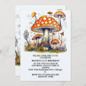 Invitation Fête d'anniversaire de la Forêt de champignons sau (Devant / Derrière)