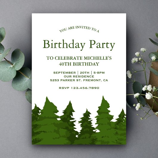 Invitation Fête d'anniversaire de la forêt de pins verts