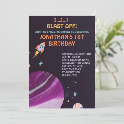 Invitation Fête d'anniversaire de la fusée spatiale (Debout devant)
