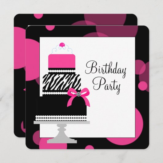 Invitation Fête d'anniversaire de la gâteau rose Zebra (Devant / Derrière)
