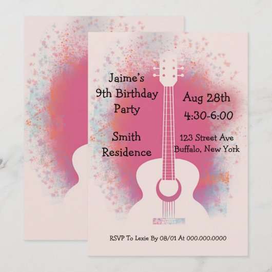 Invitation Fête d'anniversaire de la guitare (Devant / Derrière)