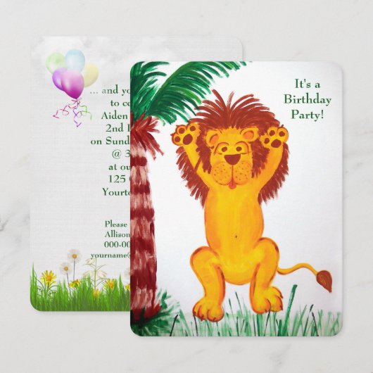 Invitation fête d'anniversaire de la jungle avec lion heureux (Devant / Derrière)
