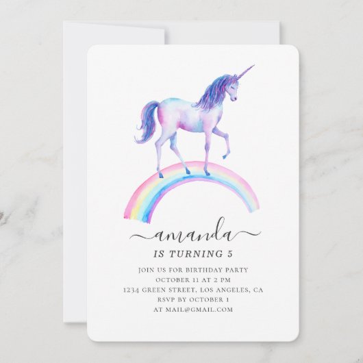Invitation Fête d'anniversaire de la licorne d'aquarelle. Béb (Devant)