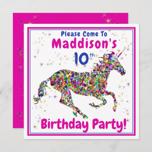 Invitation Fête d'anniversaire de la licorne de l'enfant (Devant / Derrière)