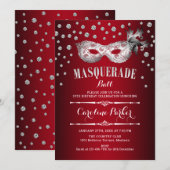 Invitation Fête d'anniversaire de la Mascarade Rouge Argent (Devant / Derrière)