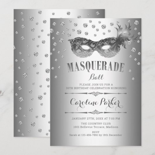 Invitation Fête d'anniversaire de la Masquerade d'argent (Devant / Derrière)