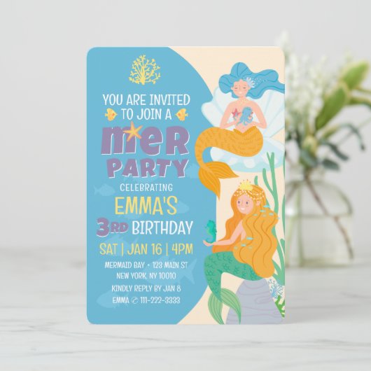 Invitation Fête d'anniversaire de la mignonne sirène moderne (Debout devant)