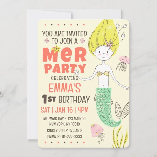 Invitation Fête d'anniversaire de la mignonne sirène moderne (Devant)