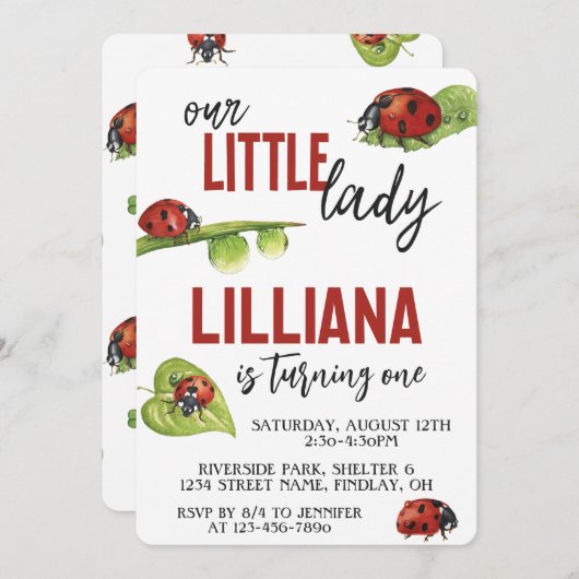 Invitation Fête d'anniversaire de la petite dame Ladybug, n'i (Devant / Derrière)