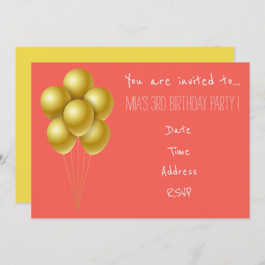 Invitation Fête d'anniversaire de la petite fille en ballons (Devant / Derrière)