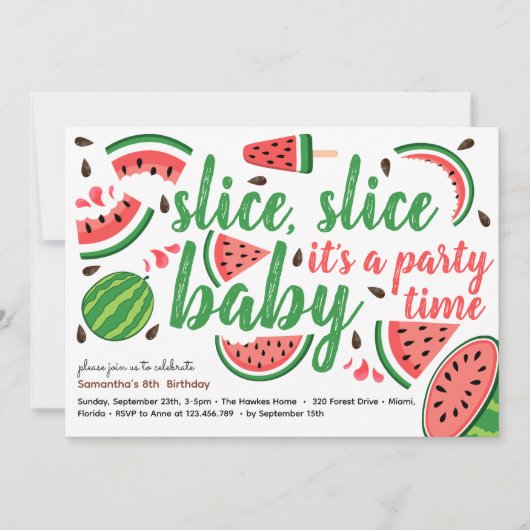 Invitation Fête d'anniversaire de la petite pastèque tranchée (Devant)