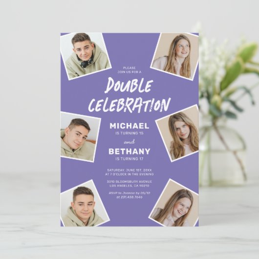 Invitation Fête d'anniversaire de la photo conjointe violette (Debout devant)