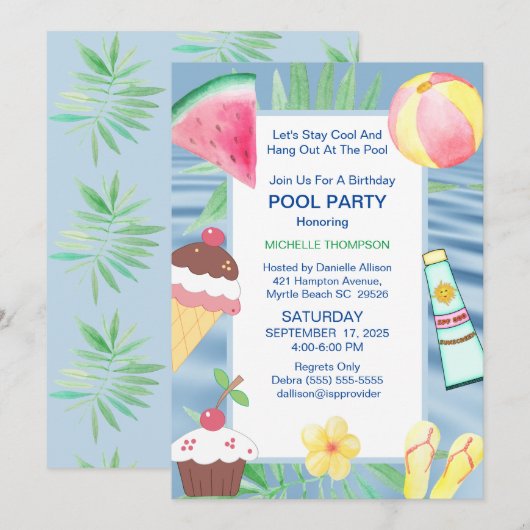 Invitation Fête d'anniversaire de la piscine (Devant / Derrière)